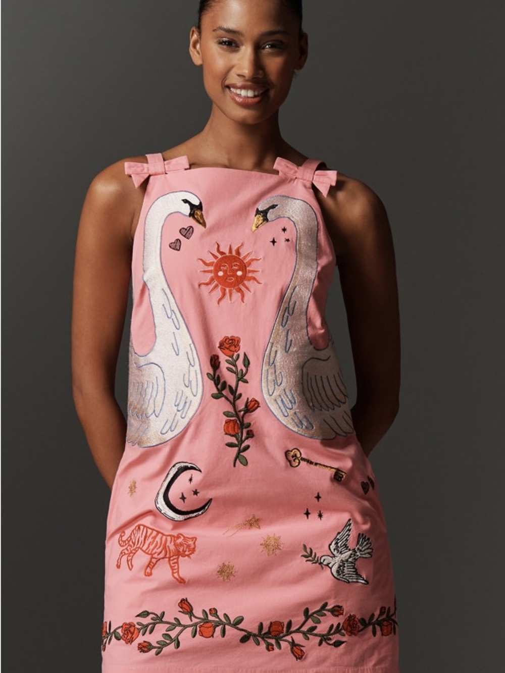 Anthropologie Pink Embroidered Swan Shift Dress